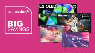 LG, Hisense and Amazon Fire TVs on a pink background