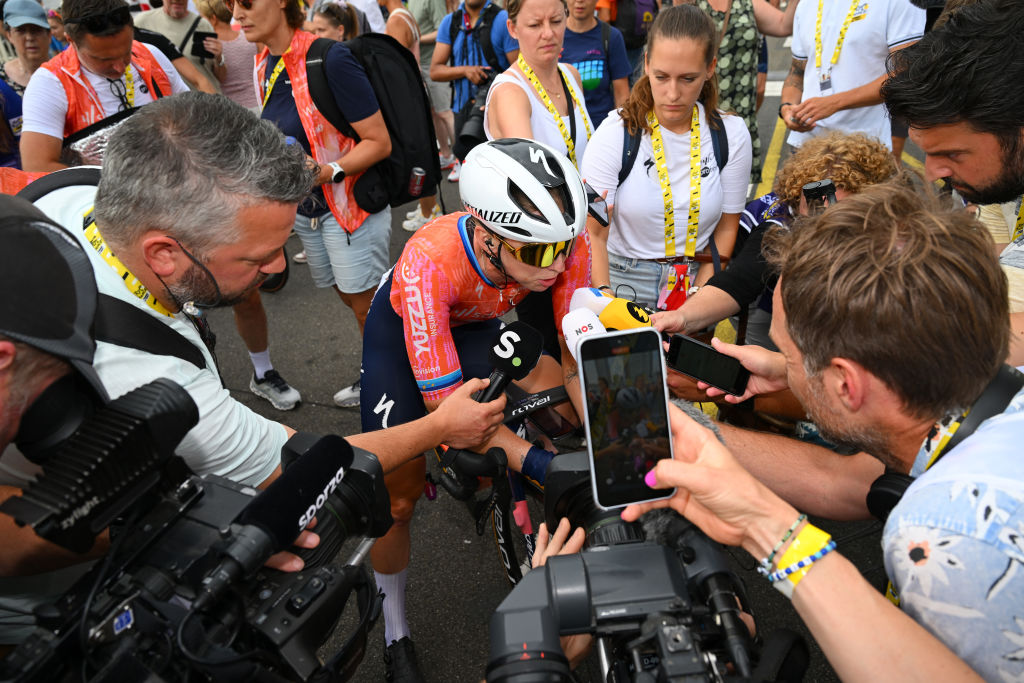 DORDRECHT, NETHERLANDS - AUGUST 13: Lorena Wiebes of The Netherlands and Team SD Worx - Protime meets the media press after the 3rd Tour de France Femmes 2024, Stage 2 a 67.9km stage from Dordrecht to Rotterdam / #UCIWWT /on August 13, 2024 in Dordrecht, Netherlands. (Photo by Dario Belingheri/Getty Images)