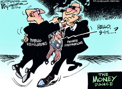 Political cartoon U.S. Big business corporations regulations drain the swamp