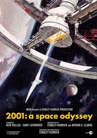 The first release movie poster for this Stanley Kubrick film featured a space shuttle departing a rotating space station.