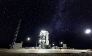 Blue Origin's 10th New Shepard mission as seen on the launch pad before technical difficulties postponed the flight.
