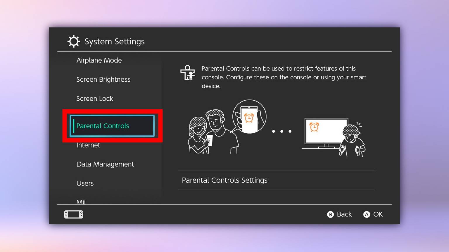 A screenshot of the Parental Controls menu on the Nintendo Switch console.