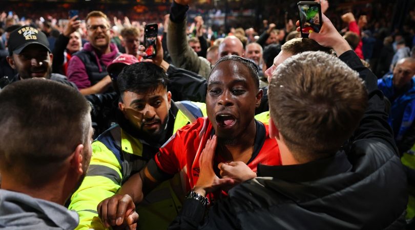 Luton&#039;s Pelly Ruddock Mpanzu c elebrates with fans after his side&#039;s Championship semi-final play-off win over Sunderland in May 2023.