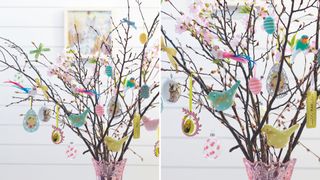Easter tree made from cherry blossom stems in pink vase decorated with Easter decorations including eggs, birds and ribbons.