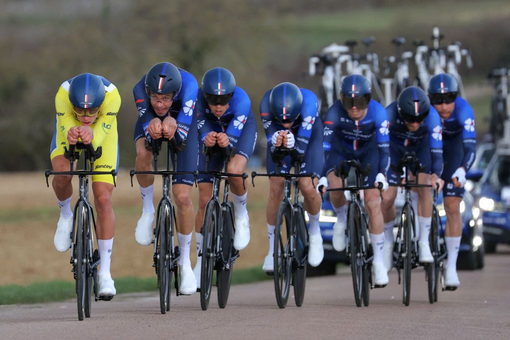 Groupama-FDJ New Zealand Cyclist Laurence Pithie (L) and his team competes during the 3rd stage of the Paris-Nice cycling race, 26,9 km team time trial between Auxerre and Auxerre, on March 5, 2024. (Photo by Thomas SAMSON / AFP)