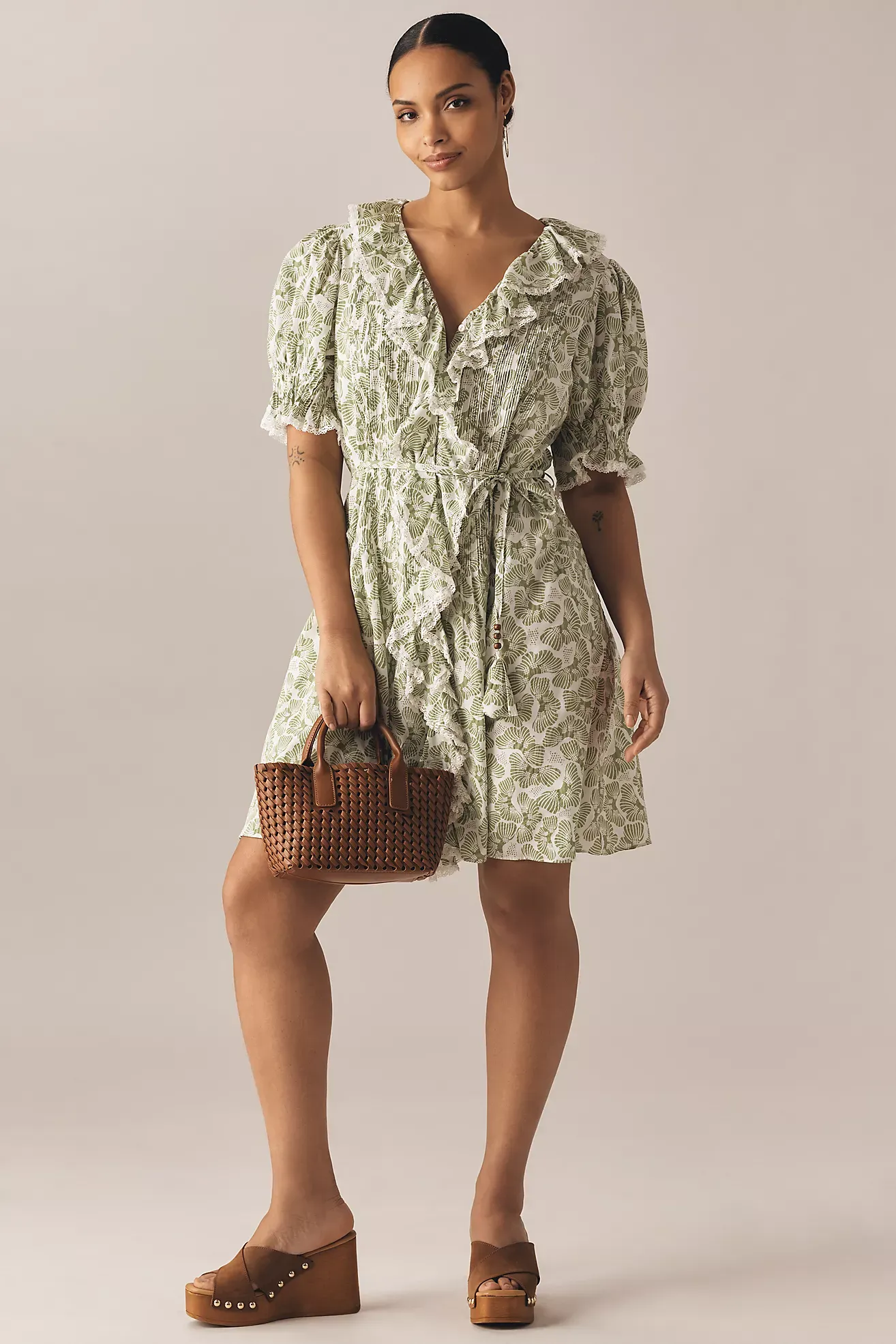 English Factory Plus Puff-Sleeve V-Neck Ruffled Mini Dress
