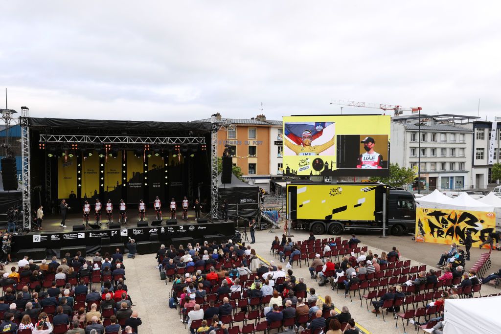 BREST FRANCE JUNE 24 Tadej Pogaar of Slovenia Mikkel Bjerg of Denmark Rui Costa of Portugal Davide Formolo of Italy Marc Hirschi of Switzerland Rafa Majka of Poland Brandon Mcnulty of The United States Vegard Stake Laengen of Norway and UAETeam Emirates during the 108th Tour de France 2021 Team Presentation Public Landscape Fans LeTour TDF2021 on June 24 2021 in Brest France Photo by Tim de WaeleGetty Images