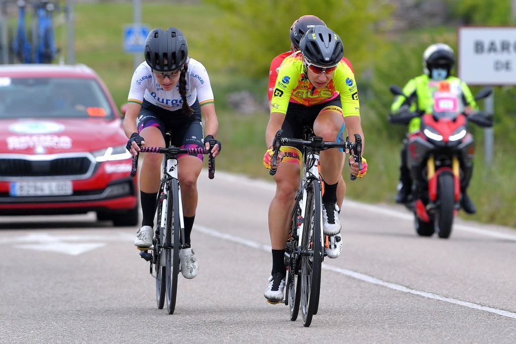 VILLARCAYO SPAIN MAY 21 Anastasia Chursina of Russia and Ale Btc Ljubljana Team Antri Christoforou of Cyprus and Team Burgos Alimenta Women Cycling Sport in breakaway during the 6th Vuelta A Burgos Feminas 2021 Stage 2 a 97km stage from Pedrosa de Valdeporres to Villarcayo VueltaBurgos BurgosFem UCIWWT on May 21 2021 in Villarcayo Spain Photo by Luc ClaessenGetty Images