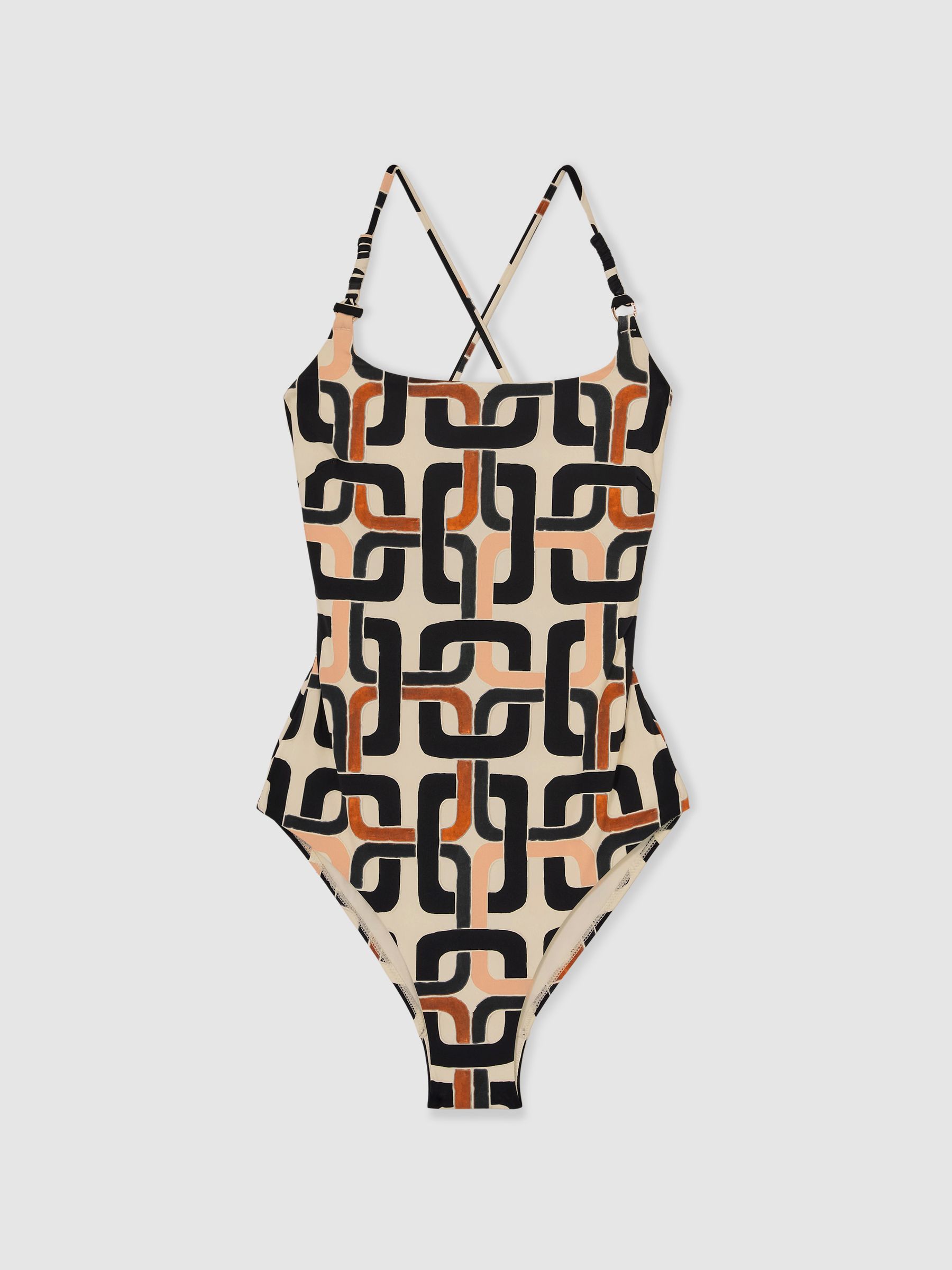 Chain-Print Square-Neck Swimsuit in Brown/cream