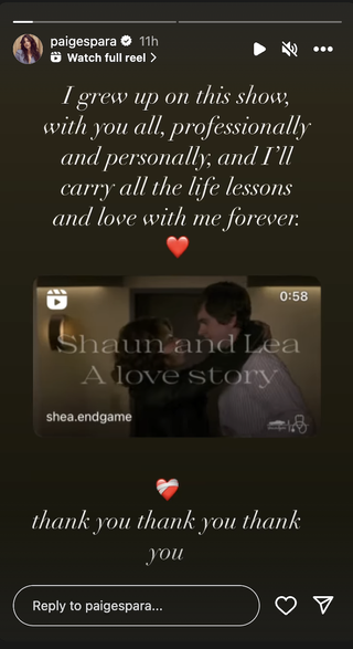 Paige Spara's goodbye message to The Good Doctor on Instagram Stories.