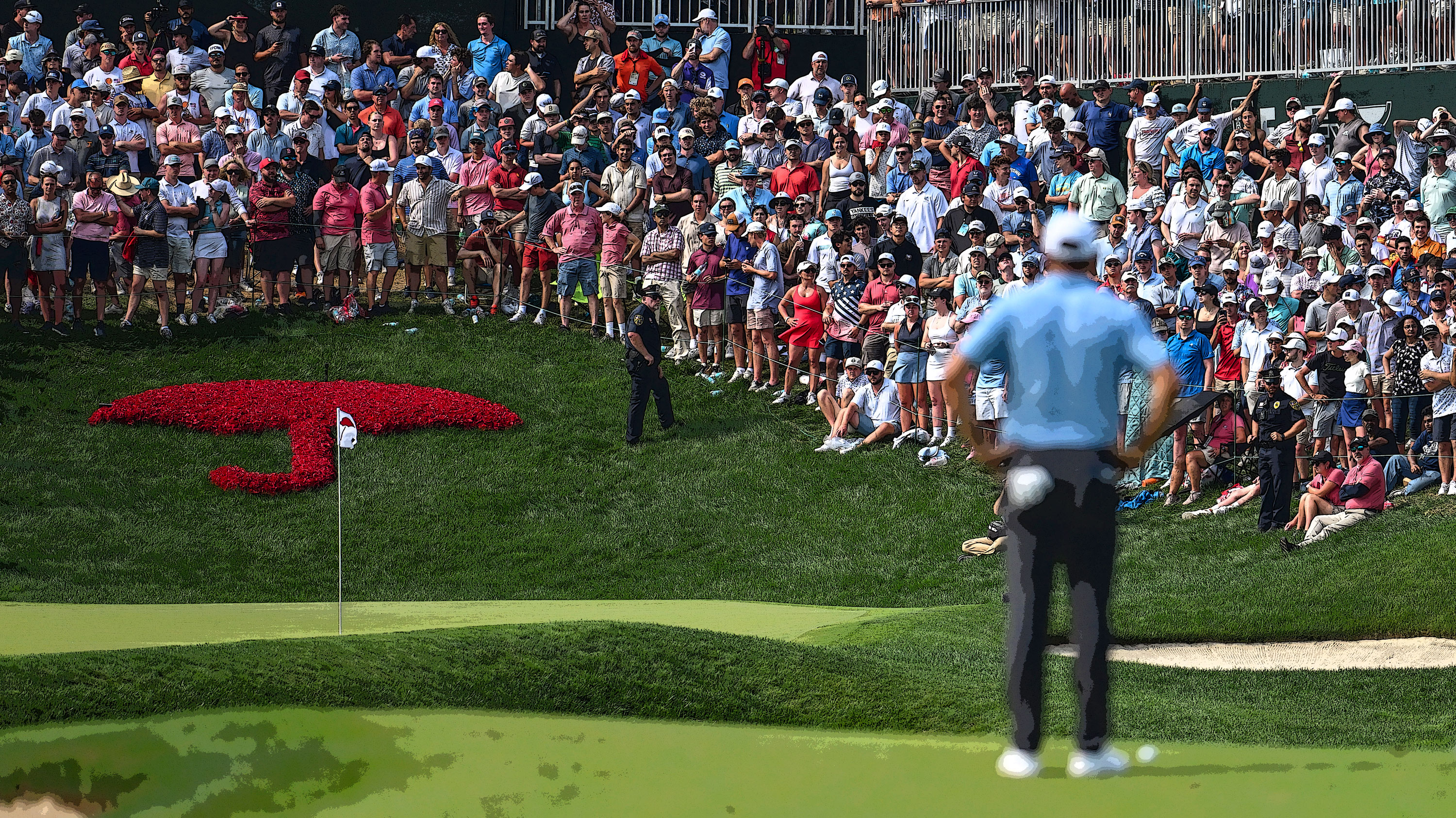 Stylised print of an image where Scottie Scheffler standing in the fairway next to his golf ball, looking at the flag on the green with a gallery of fans and the giant Travelers Championship umbrella logo behind it