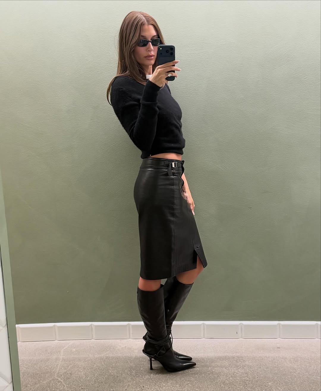 pencil skirt with boots outfit hailey bieber