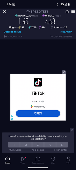 Screenshot of Speedtest on T-Mobile