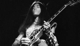 June Millington performs onstage with Fanny at City Hall in Newcastle upon Tyne, England on May 30, 1973