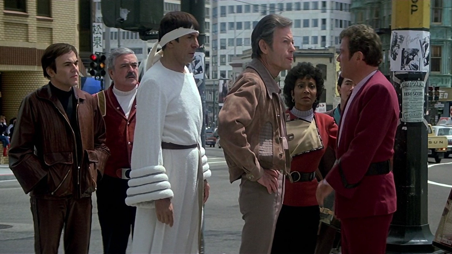 Walter Koenig, Leonard Nimoy, William Shatner, James Doohan, DeForest Kelley, George Takei, and Nichelle Nichols in Star Trek IV The Voyage Home (1986)_Paramount Pictures