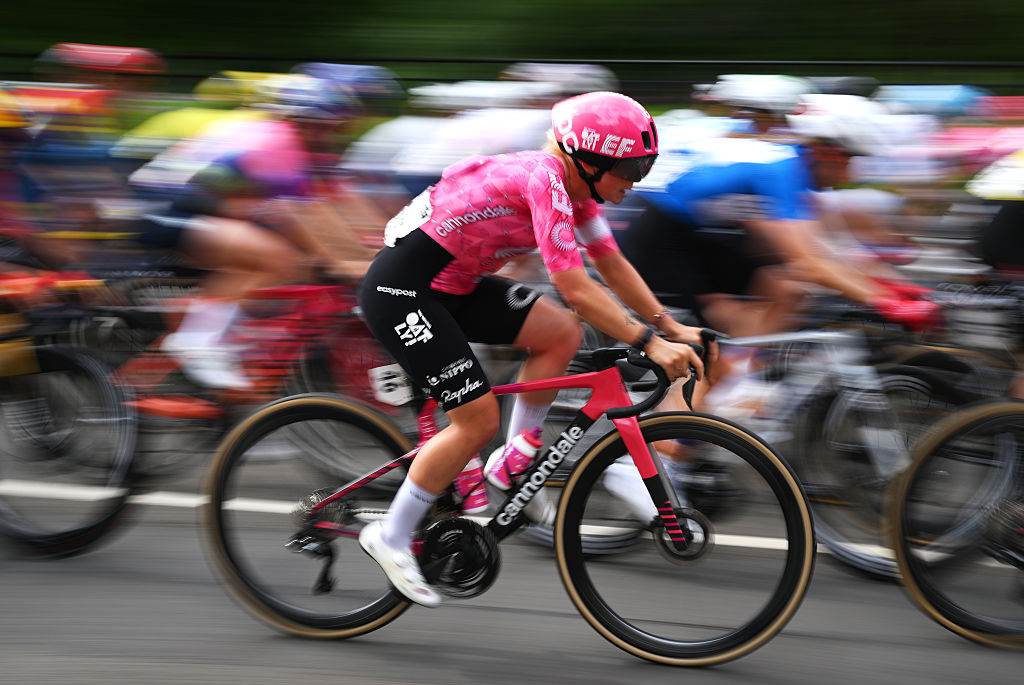 GLASGOW, SCOTLAND - JUNE 08: Babette van der Wolf of Netherlands and Team EF Education-Oatly competes during the 10th Tour of Britain Women 2025, Stage 4 a 82.2km stage from Glasgow to Glasgow / #UCIWWT / on June 08, 2025 in Glasgow, Scotland. (Photo by Alex Broadway/Getty Images)