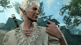 Astarion from Baldur's Gate 3, as a hexblade, looking rather smug.