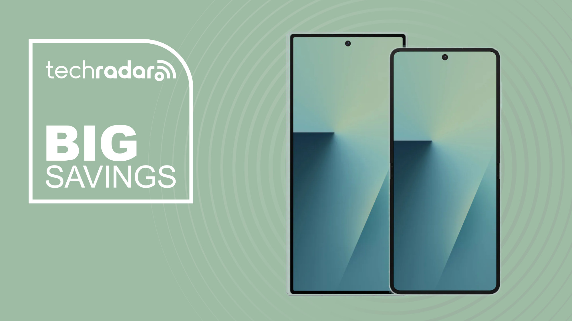 Samsung Galaxy Z Fold 7 and Flip 7 on green background with big savings text overlay