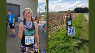 Kate Dunbar in two collaged images holding up marathon medal and at the finish line of the marathon