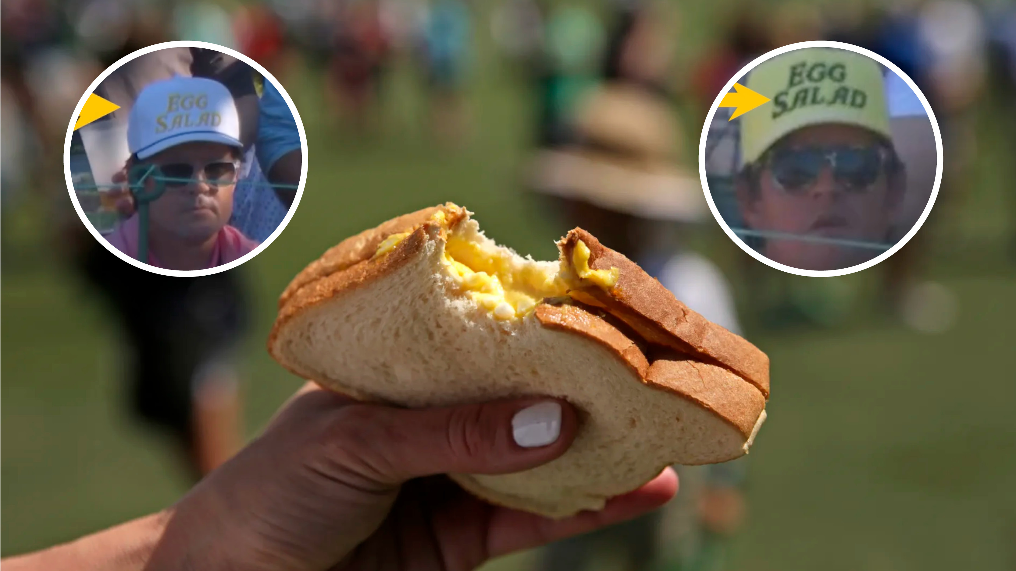 Main image is a generic egg salad sandwich at The Masters with two inset images of the 'Egg Salad Guy' 