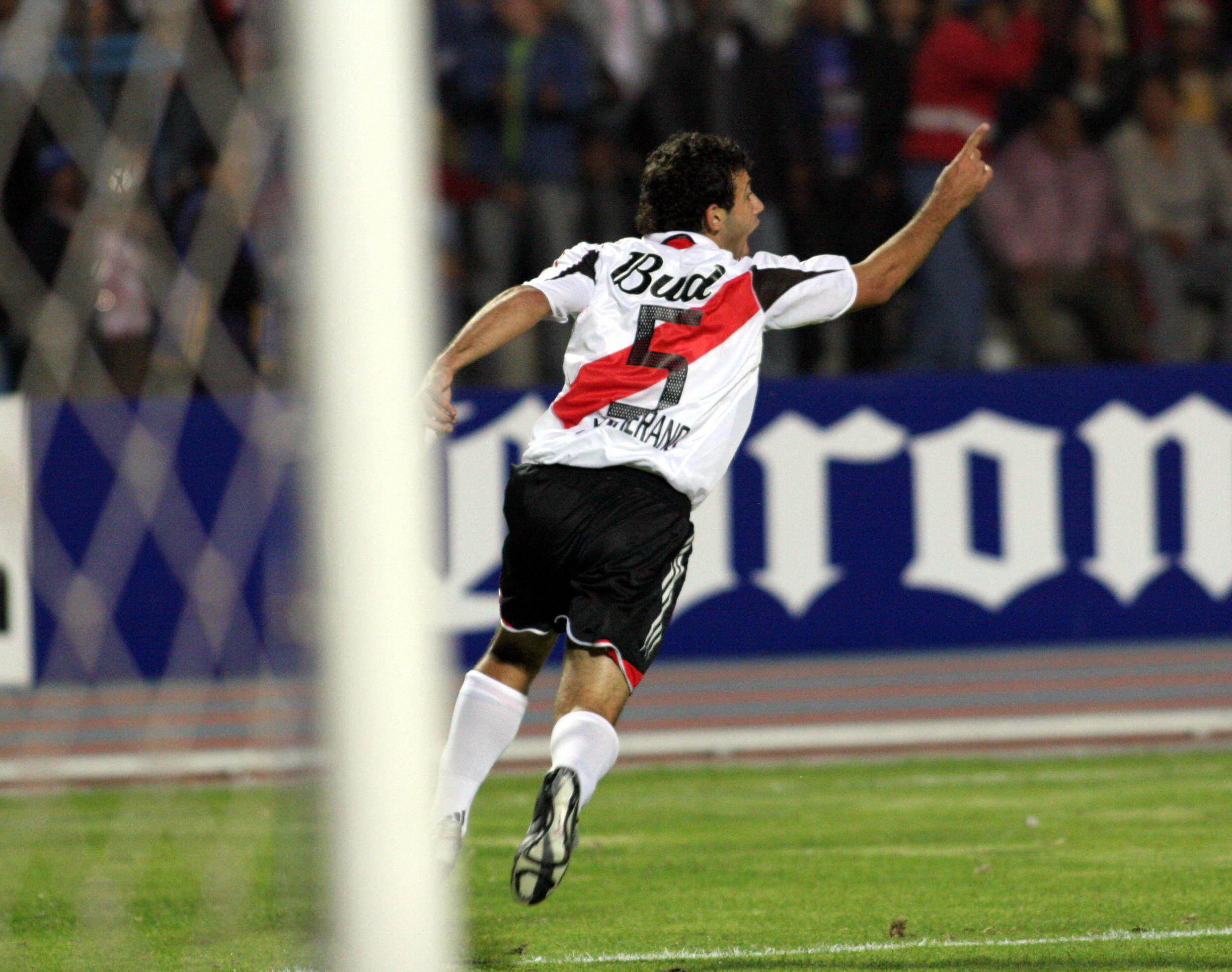 Javier Mascherano celebrates a goal for River Plate against Olmedo in the Copa Libertadores in 2005.