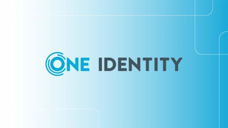 One Identity logo and branding imposed over a blue background fading into white.
