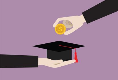 Illustration of a hand putting US dollar coin into a graduation cap