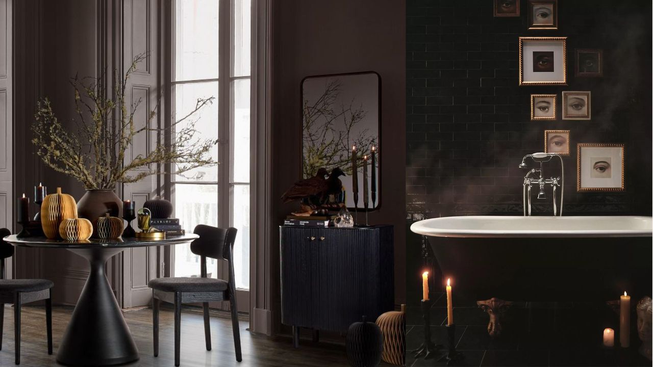 a halloween table setting with large brands and paper pumpkins, and a black bathtub with candles and artwork of eyes on the wall 