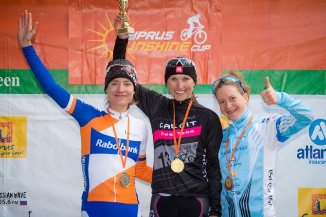 Women's podium after stage 1: Marianne Vos, Blaza Klemencic, and Adelheid Morath