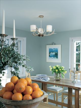 blue dining room with rustic elements, wooden dining table and antler pendant light