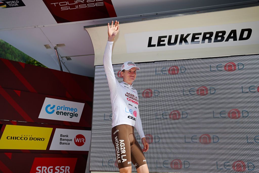 LEUKERBAD SWITZERLAND JUNE 14 Felix Gall of Austria and Ag2R Citron Team celebrates at podium as White best young jersey winner during the 86th Tour de Suisse 2023 Stage 4 a 1525km stage from Monthey to Leukerbad 1367m UCIWT on June 14 2023 in Leukerbad Switzerland Photo by Dario BelingheriGetty Images