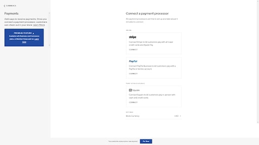 Squarespace's list of payment processors