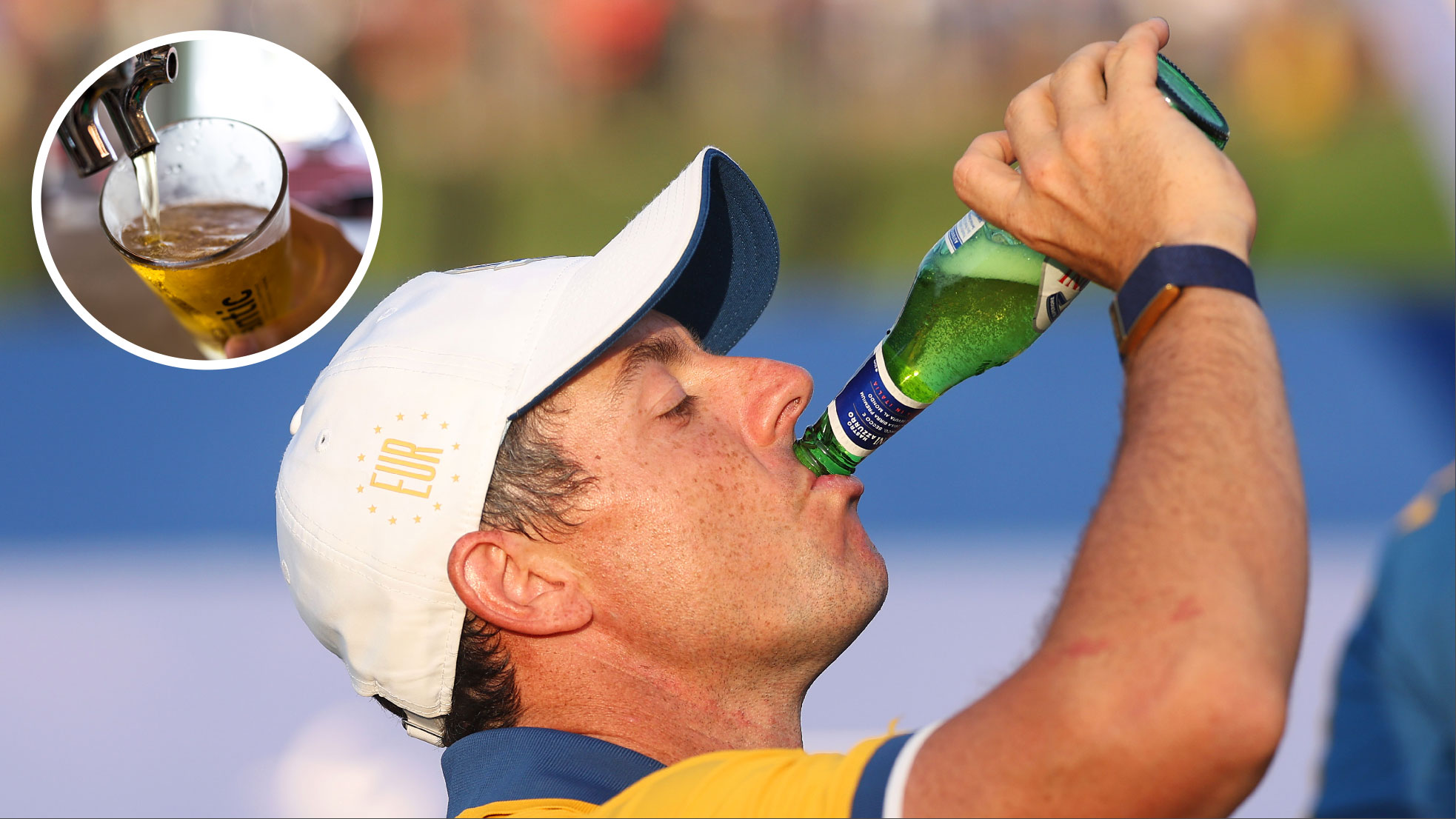 rory mcilroy drinking a bottle of beer with an inset of a pint being poured