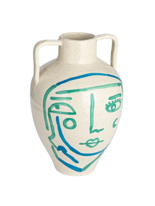 Hand-Painted Terracotta Vase With Abstract Face 
