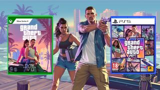GTA6 screenshot with overlayed images of GTA6 Xbox box, and GTA6 PS5 box