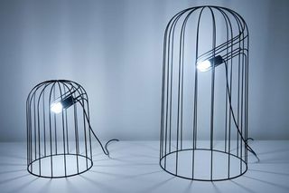 Black steel bird-cage style lamp, photographed against a white background