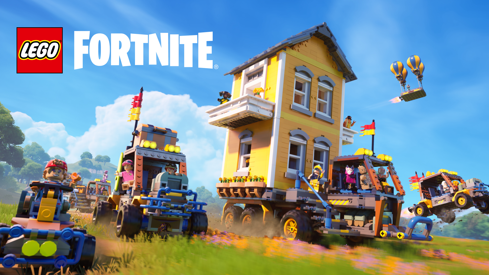 Main header for the Mechanical Mayhem update, showing characters driving a whole host of new vehicles around a town square. The Lego Fortnite logo is shown in the top left of the image.