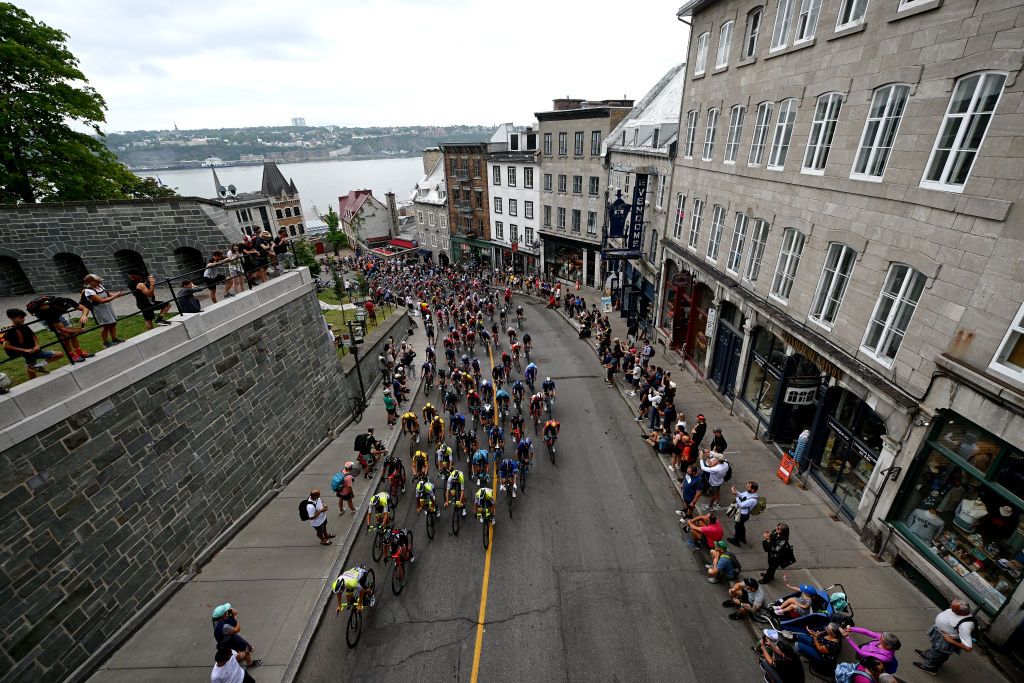 QUEBEC CITY QUEBEC SEPTEMBER 08 A general view of the peloton passing through a landscape during the 12th Grand Prix Cycliste de Qubec 2023 a 2016km one day race from Quebec to Quebec 92m UCIWT on September 08 2023 in Quebec City Quebec Photo by Dario BelingheriGetty Images