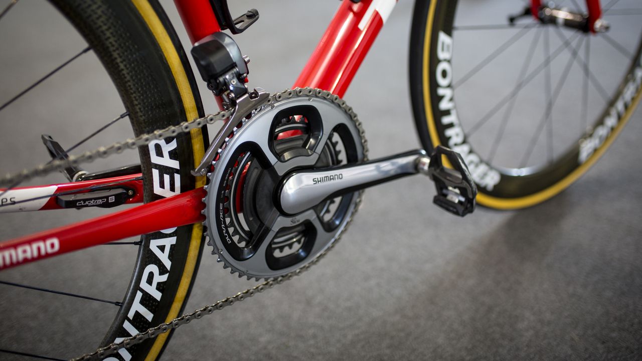 The Shimano Dura-Ace crankset is paired with a SRM powermeter