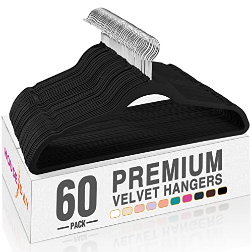 House Day Black Velvet Hangers 60 Pack, Non Slip Clothes Felt Hanger Heavy Duty for Coat, Premium Slim Space Saving Suit Hangers for Closet Organizer, 360° Rotating Silver Hook