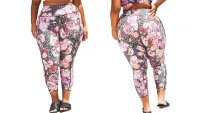 a side-by-side of a woman wearing the Torrid ACTIVE WICKING CROP LEGGINGS, one of w&h's best plus-size leggings picks, at two different angles