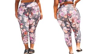 a side-by-side of a woman wearing the Torrid ACTIVE WICKING CROP LEGGINGS, one of w&h's best plus-size leggings picks, at two different angles