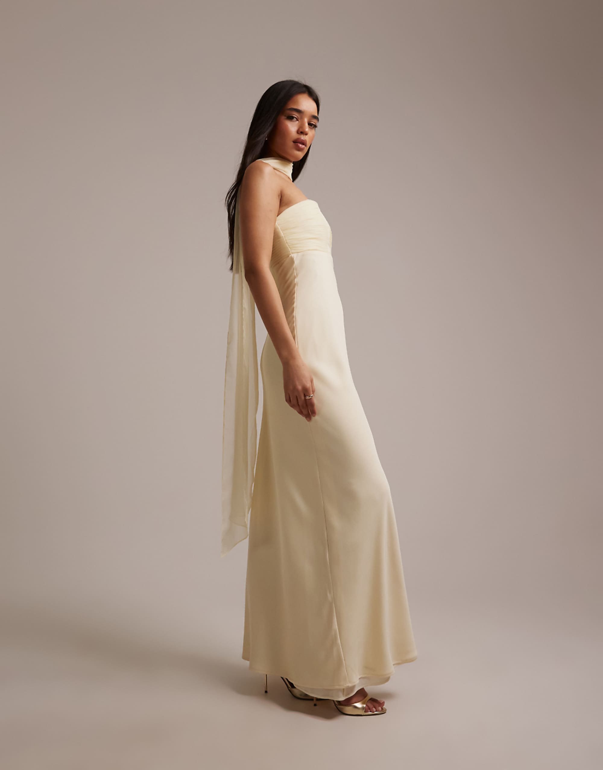 Six Stories Bridesmaids Chiffon Bandeau Scarf Detail Maxi Dress in Lemon
