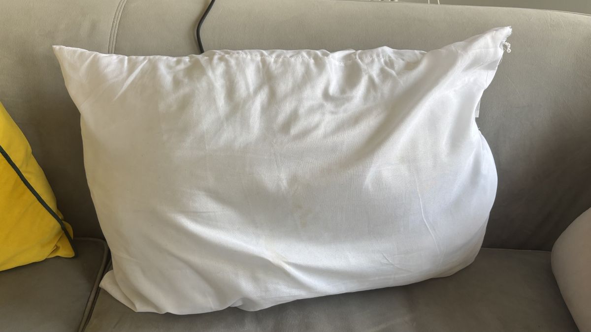 A white pillow after being cleaned with hydrogen peroxide.