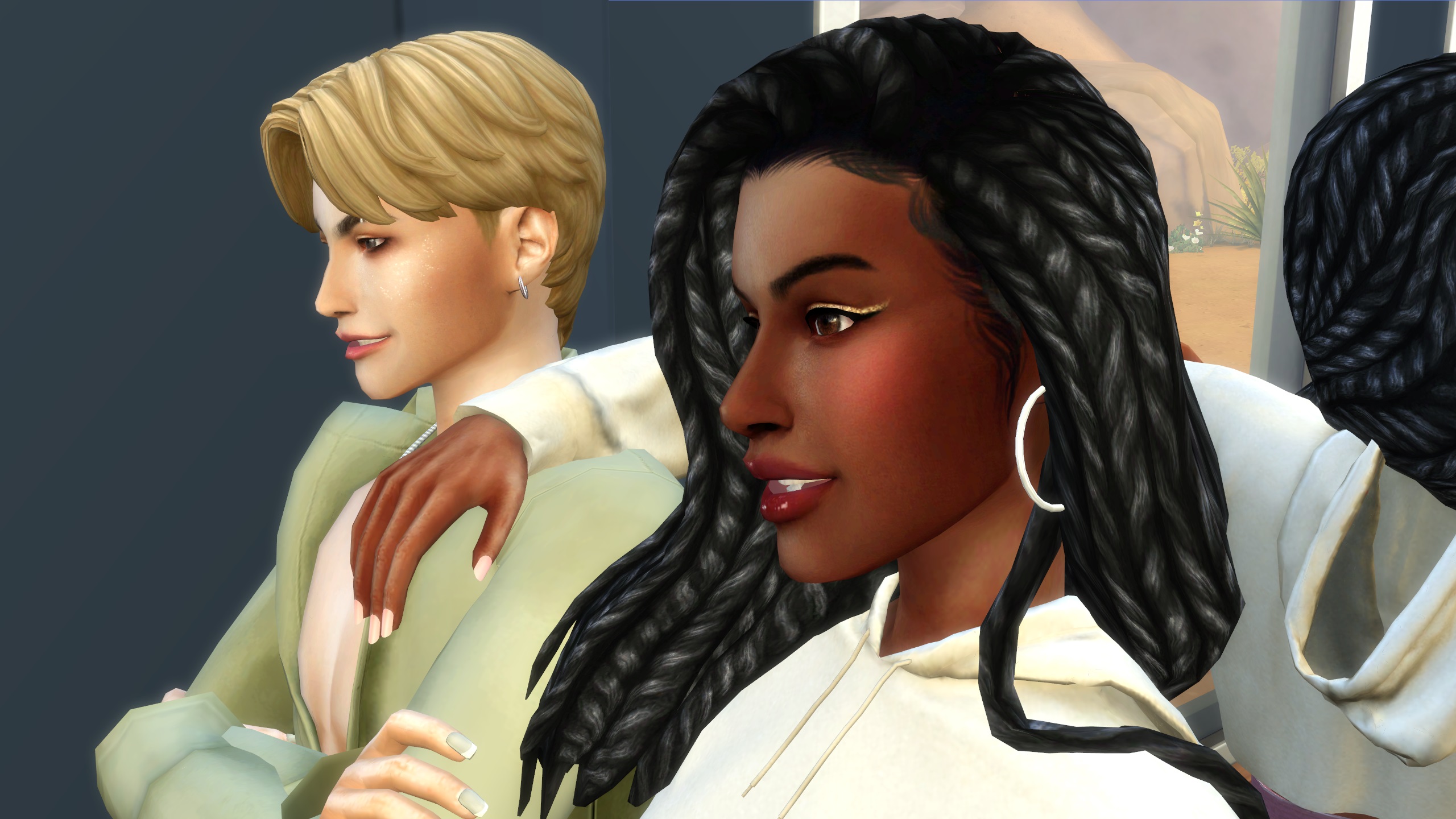 The Sims 4 CC - Two modded Sims dressed in makeup, glitter, eyeliner, with modded braid hairstyles and modded men's hairstyles.