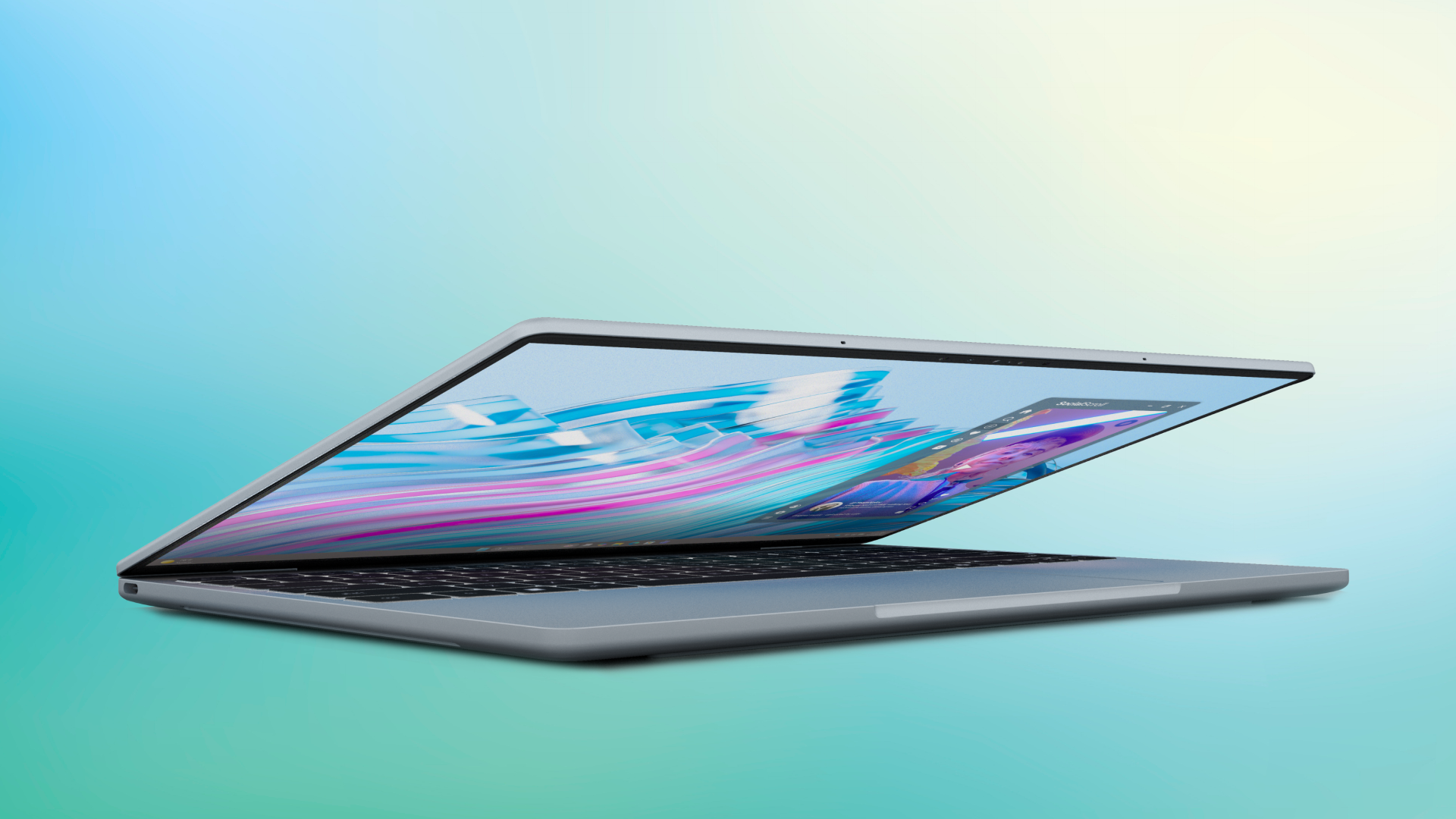 Dell 14S laptop shown almost closed at an angle, you can just see the screen