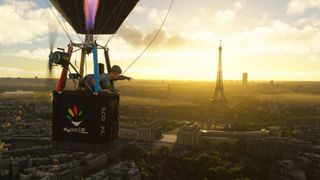 A hot air balloon soars over Paris