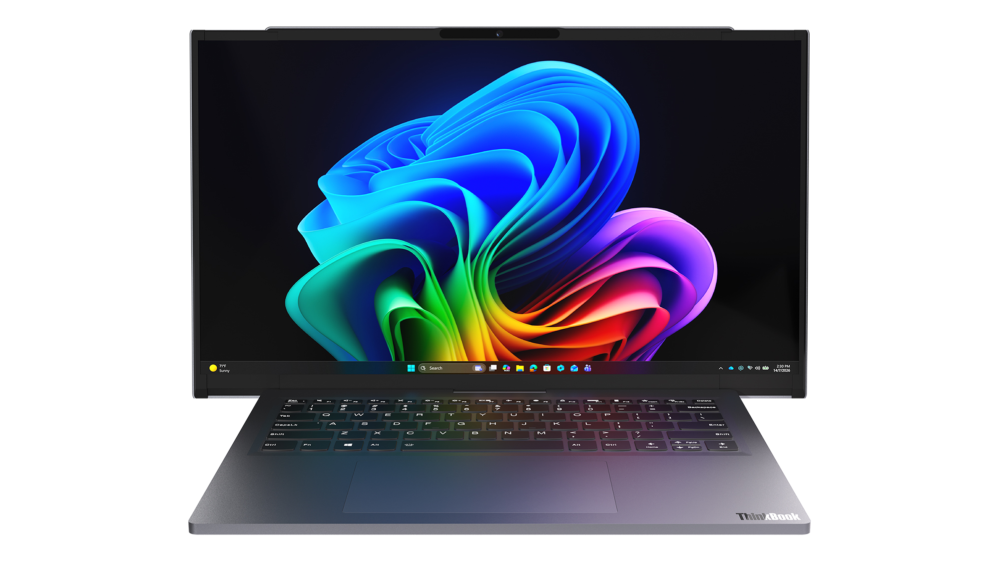 Front view of the open grey Lenovo Project Swan concept laptop with its rollable screen expanded horizontally beyond the keyboard base.