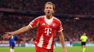 Harry Kane of Bayern Munich celebrates scoring his team's third goal during the UEFA Champions League 2025/26 League Phase MD1 match between FC Bayern München and Chelsea FC at Football Arena Munich on September 17, 2025 in Munich, Germany. 