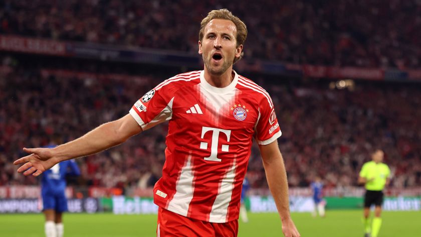 Harry Kane of Bayern Munich celebrates scoring his team&#039;s third goal during the UEFA Champions League 2025/26 League Phase MD1 match between FC Bayern München and Chelsea FC at Football Arena Munich on September 17, 2025 in Munich, Germany. 